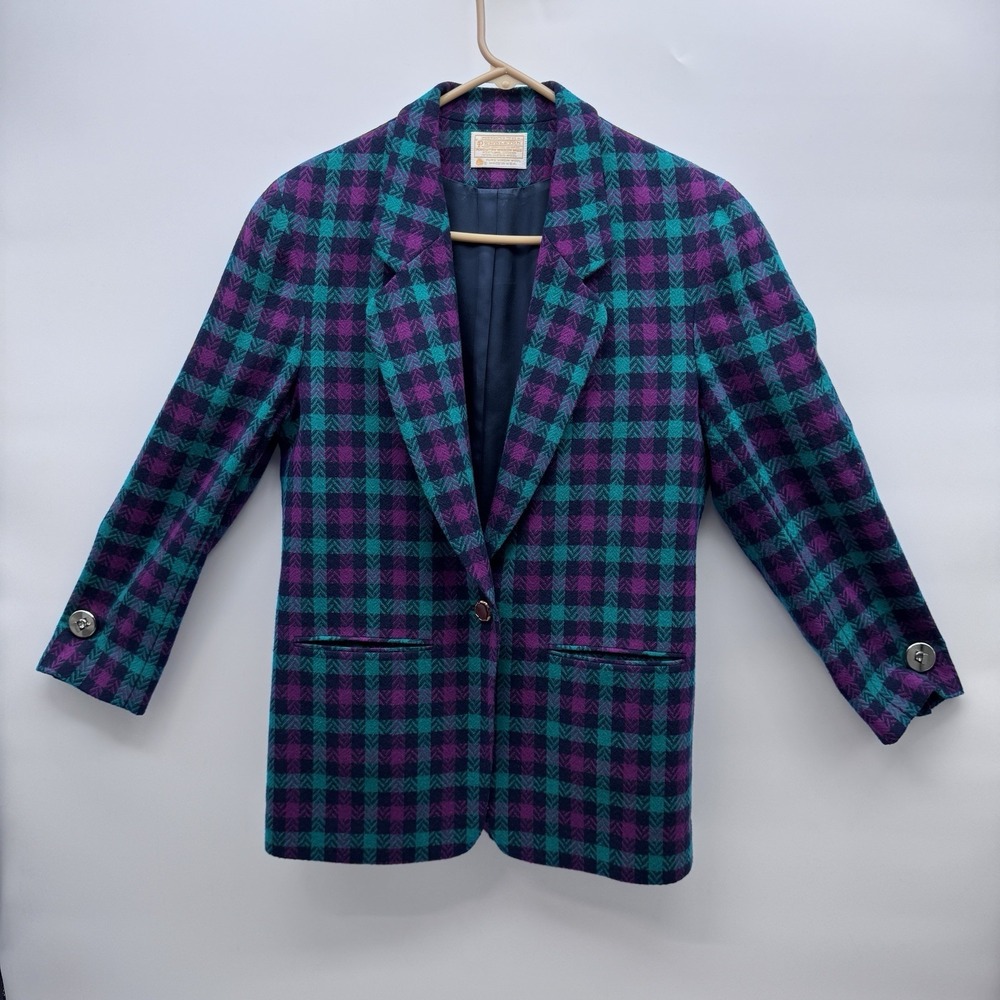 VTG Pendleton Wool Skirt Suit Set 10/14 Teal Purple Plaid Blazer Academic 80s